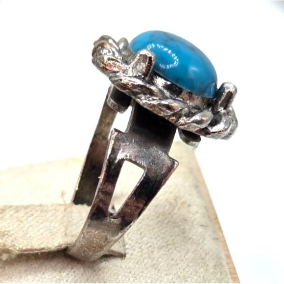 Vintage Silver-Tone Adjustable Turquoise Stone Ring With Braided Design For Wome - Picture 2 of 2